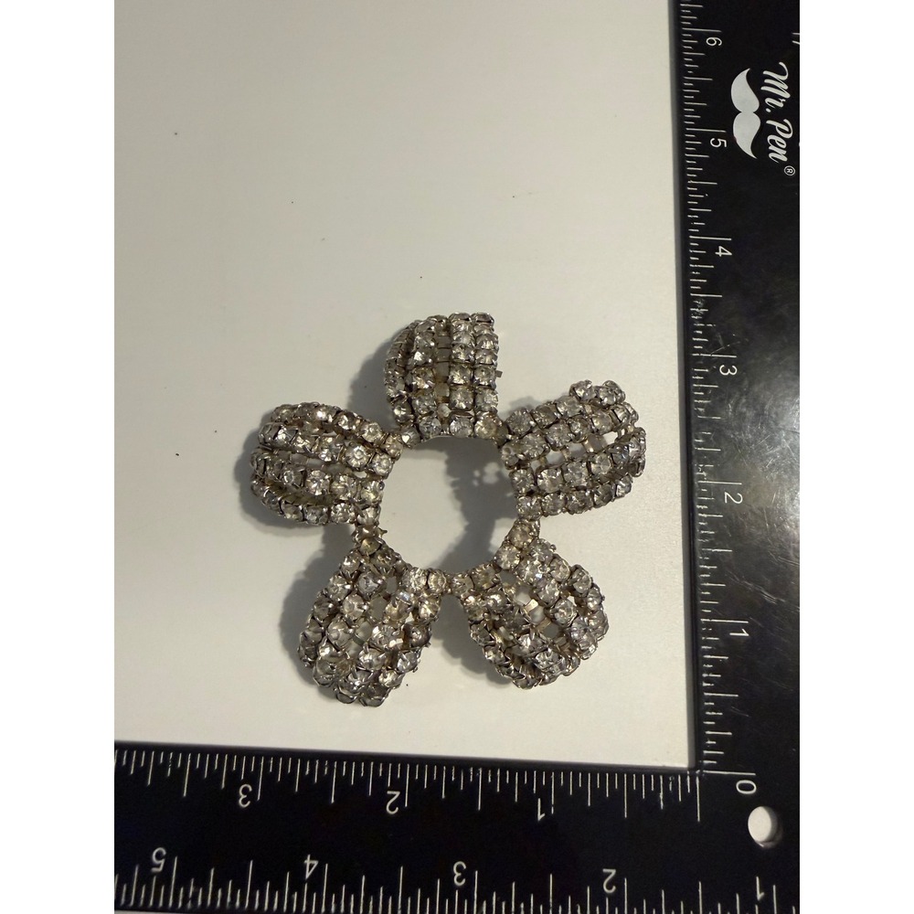 Vintage Rhinestone‎ Flower Brooch Silver Tone Five Petal Statement Pin 3 Inch